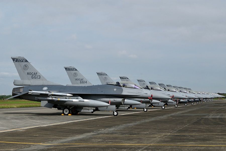The upgraded US-made F-16V fighters are displayed during a ceremony at the Chiayi Air Base in Taiwan on 18 November 2021. (Sam Yeh/AFP)