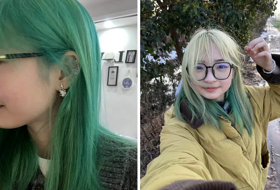 Gen Z-er Hou Yameng with her hair dyed green.