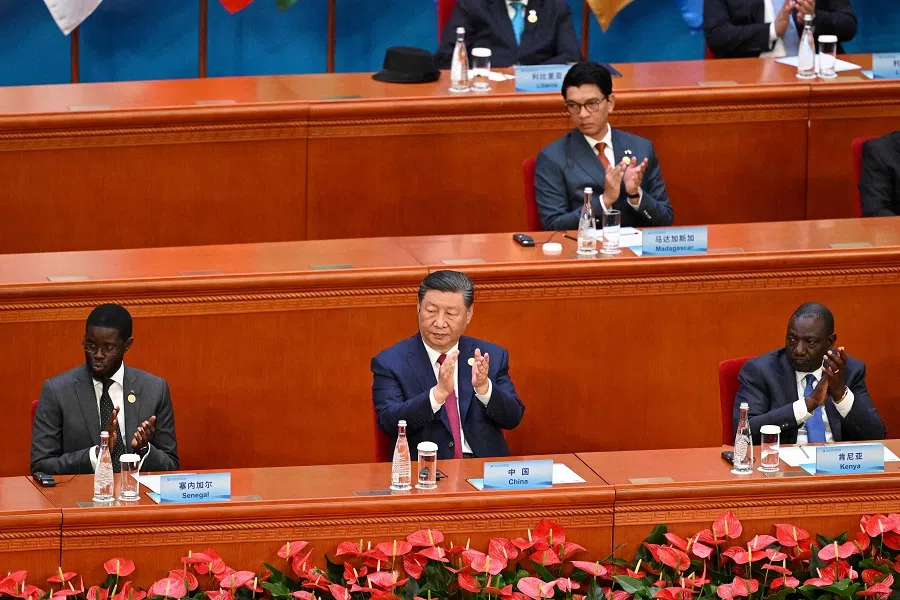 Chinas President Xi Jinping (centre) applauds during the opening ceremony of the Forum on China-Africa Cooperation (FOCAC) in Beijing’s Great Hall of the People on 5 September 2024. Beside him are Senegal President Bassirou Diomaye Faye (left), Kenya’s President William Ruto and Madagascar’s President Andry Rajoelina (back). (Greg Baker/AFP)