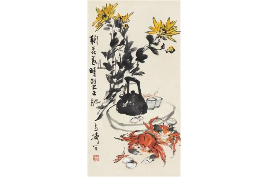 Wang Xuetao, Blooming Yellow Chrysanthemums, Spawning Hairy Crabs (《菊花黄时蟹正肥》). (Internet)