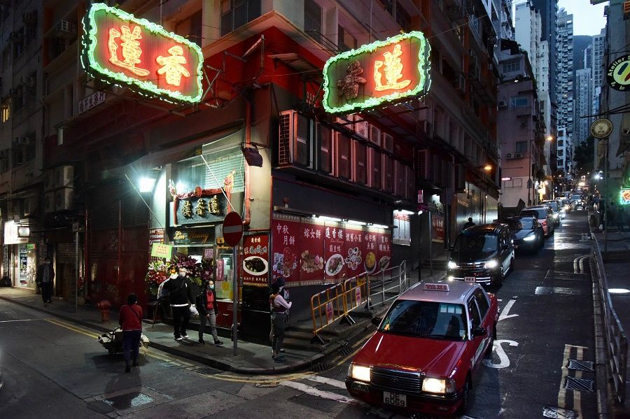This photo taken on 11 March 2020 shows the exterior of Lin Heung Tea House when night has fallen. (HKCNA/CNS)