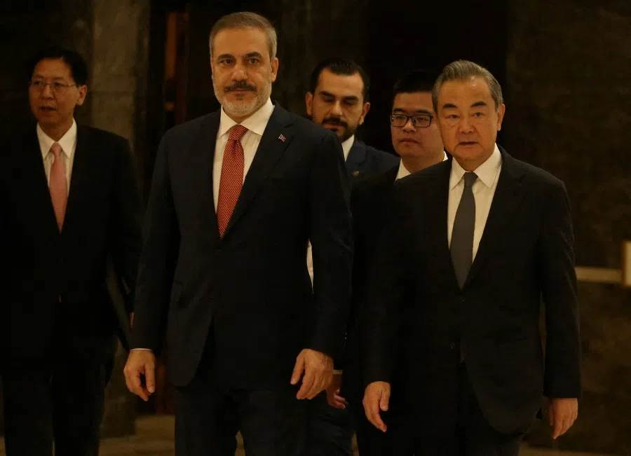 Turkish Foreign Minister Hakan Fidan meets with Chinese Foreign Minister Wang Yi in Ankara, Turkey, on 26 July 2023.  (Stringer/Pool/Reuters)