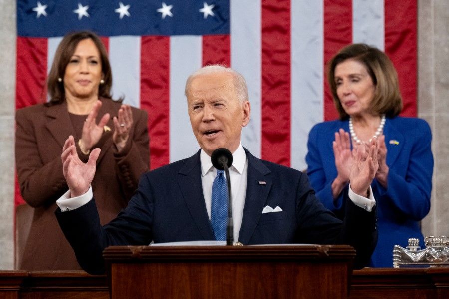 US President Joe Biden speaks during a State of the Union address at the US Capitol in Washington, DC, US, on 1 March 2022. Biden's first State of the Union address comes against the backdrop of Russia's invasion of Ukraine and the subsequent sanctions placed on Russia by the US and its allies. (Saul Loeb/AFP/Bloomberg)