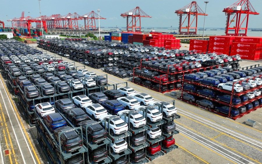 In this photo taken on 11 September 2023, BYD electric cars waiting to be loaded on a ship are stacked at the international container terminal of Taicang Port at Suzhou Port, in China's eastern Jiangsu Province. (AFP)