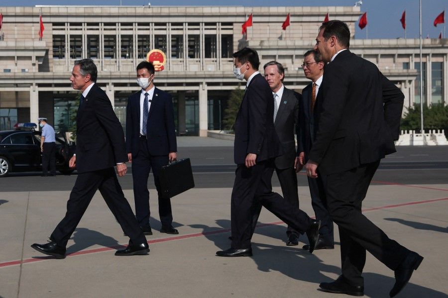 US Secretary of State Antony Blinken walks after arriving in Bejing, China, 18 June 2023. (Leah Millis/AFP)