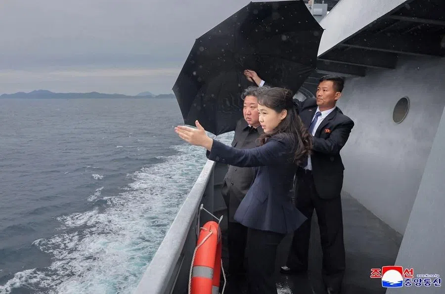 This handout photograph taken on 4 June 2026 and released by North Korea's official Korean Central News Agency (KCNA) on 6 June 2026, shows North Korean leader Kim Jong Un, and his daughter Kim Ju Ae observing the sea trials of the “Kang Kyon”, a destroyer of the North Korean Navy at an undisclosed location in North Korea.