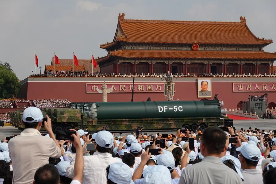 The DF-5C liquid-fuelled intercontinental strategic nuclear missile is displayed during a military parade to mark the 80th anniversary of the end of World War Two, in Beijing, China, on 3 September 2025. (Go Nakamura/Reuters)