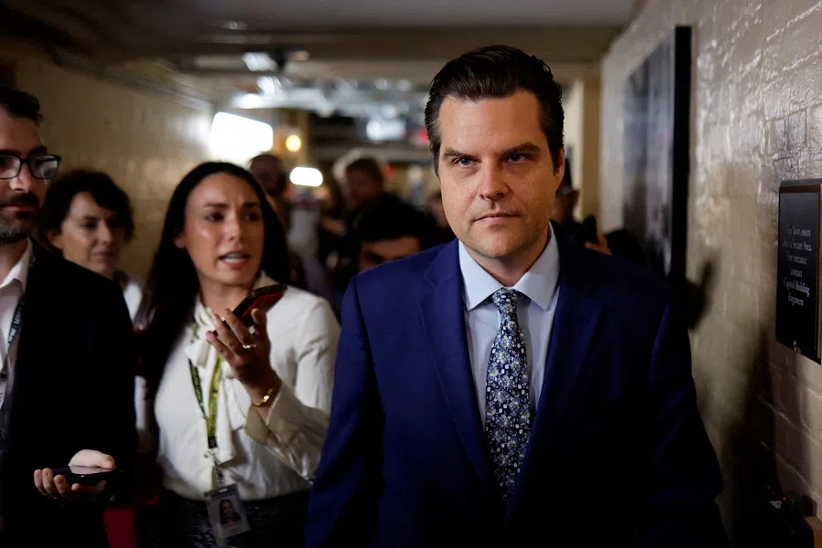 US Representative Matt Gaetz is trailed by reporters after a House Republican conference meeting, where they discussed an attempt by Gaetz to oust House Speaker Kevin McCarthy, at the US Capitol in Washington, US, 3 October 2023. (Jonathan Ernst/Reuters)