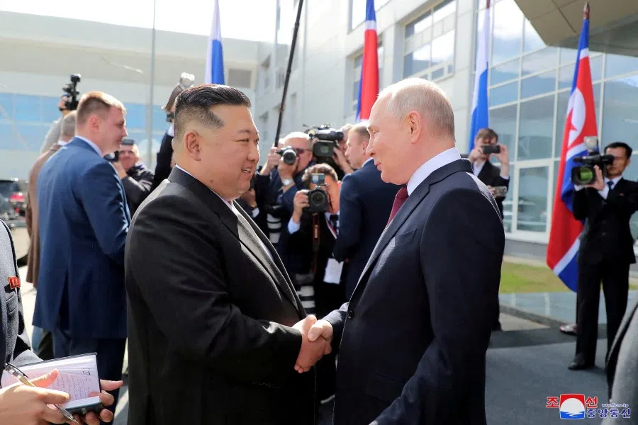 North Korean leader Kim Jong-un meets Russia's President Vladimir Putin at the Vostochny Cosmodrome in the Amur Oblast of the Far East Region, Russia, on 13 September 2023 in this image released by North Korea's Korean Central News Agency. (KCNA via Reuters)