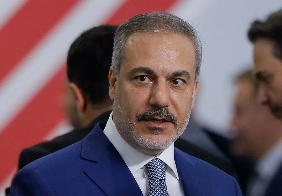 Turkish Foreign Minister Hakan Fidan speaks before a plenary session of the BRICS summit in the BRICS Plus/Outreach format in Kazan, Russia, on 24 October 2024. (Maxim Shemetov/Pool/AFP)
