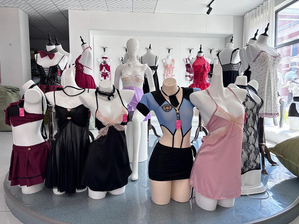 Lingerie displayed at a showroom in Weimi town.