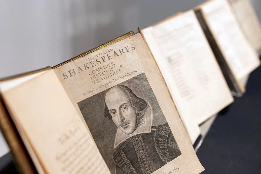 William Shakespeare's First Folio on display at Christie's in London, UK, 24 April 2023. (Anna Gordon/Reuters)