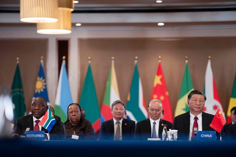 President of China Xi Jinping and South African President Cyril Ramaphosa attend the China-Africa Leaders' Roundtable Dialogue on the last day of the 2023 BRICS Summit in Johannesburg on 24 August 2023. (Alet Pretorius/AFP)