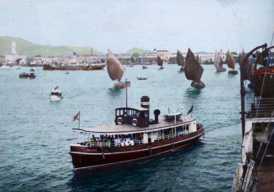 Steamboats off Penang, Malaysia, 1930s, with Georgetown in the distance. Penang had the highest Malaysian Chinese population, with a thriving economy second only to Singapore.