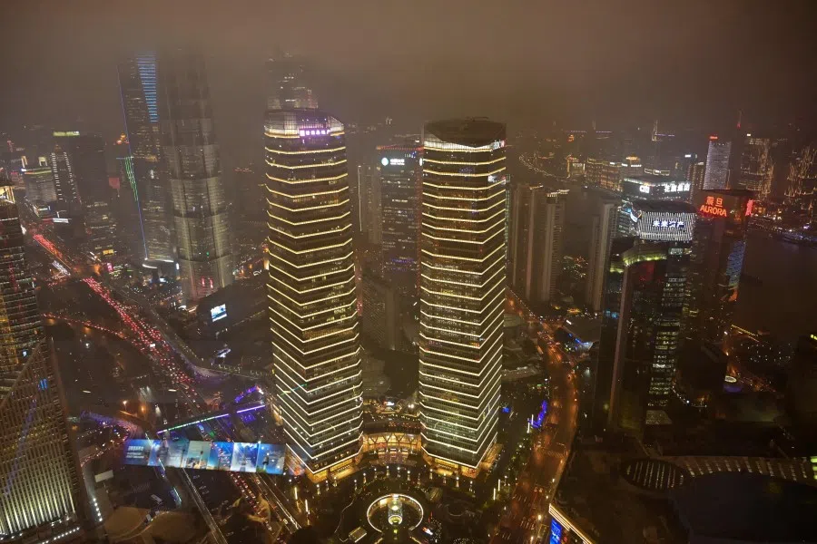 A general view of the financial district of Lujiazui is seen from the Oriental Pearl Tower Radio and Television Tower in Shanghai, 12 March 2020. (Hector Retamal/AFP)