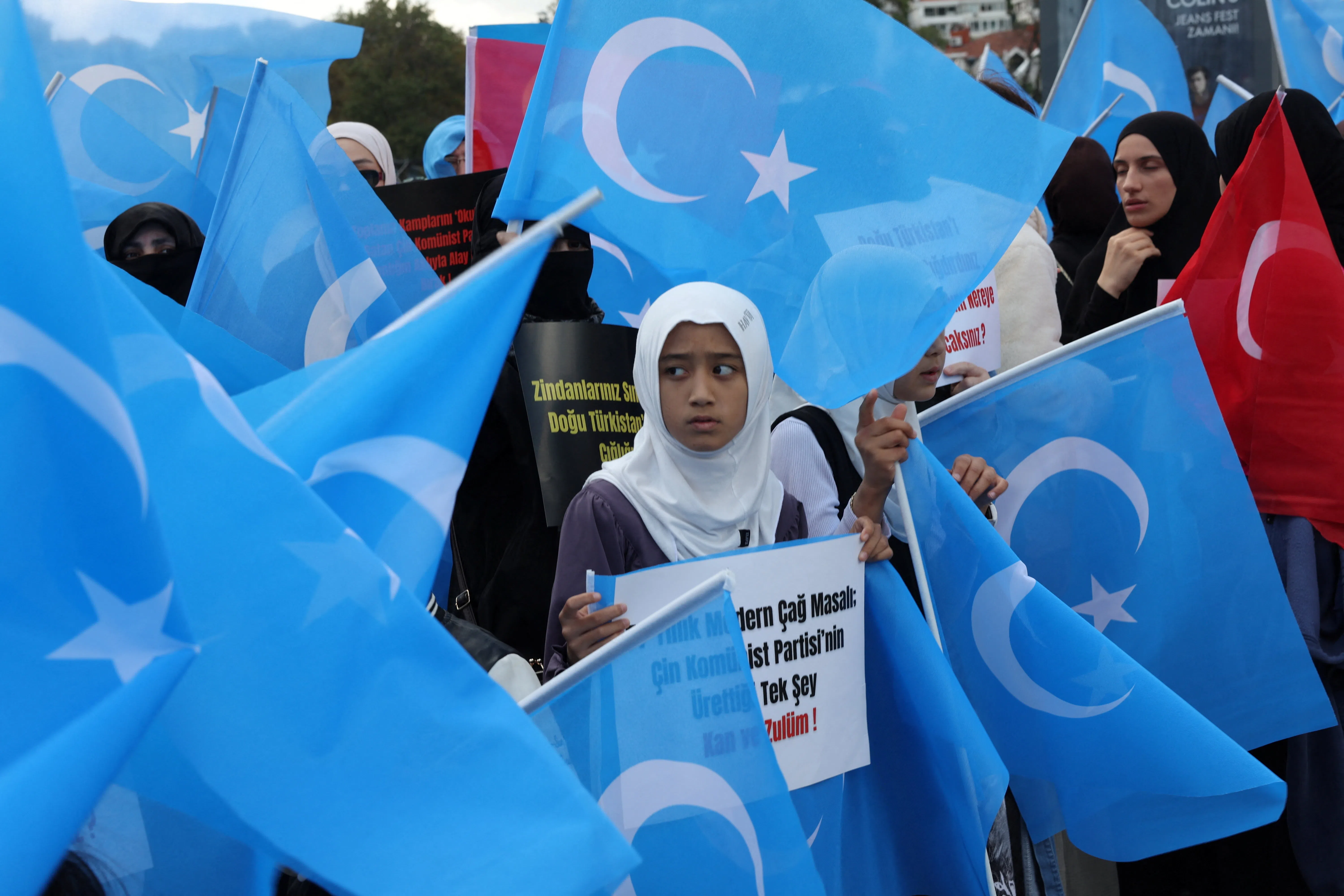 Ethnic Uighur demonstrators take part in a protest on China’s National Day, near the Chinese consulate in Istanbul, Turkey, 1 October 2026.