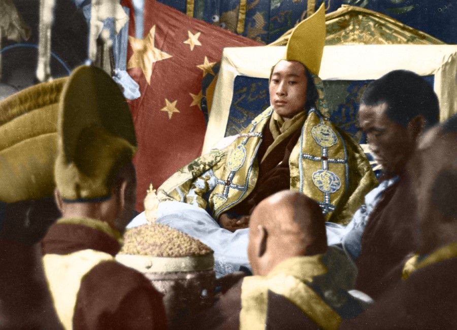 The Dalai Lama being greeted by Tibetans in Beijing, 1954.