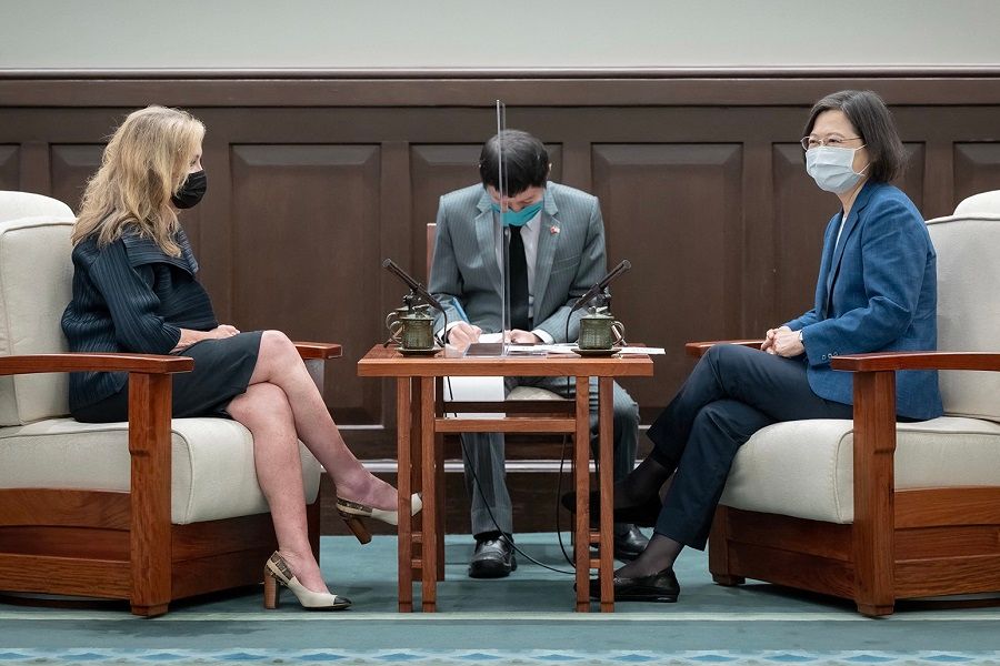 This Taiwan Presidential Office handout picture taken and released on 26 August 2022 shows US Senator Marsha Blackburn (left) listening to Taiwan President Tsai Ing-wen at the Presidential Office in Taipei, Taiwan. (Handout/Taiwan Presidential Office/AFP)