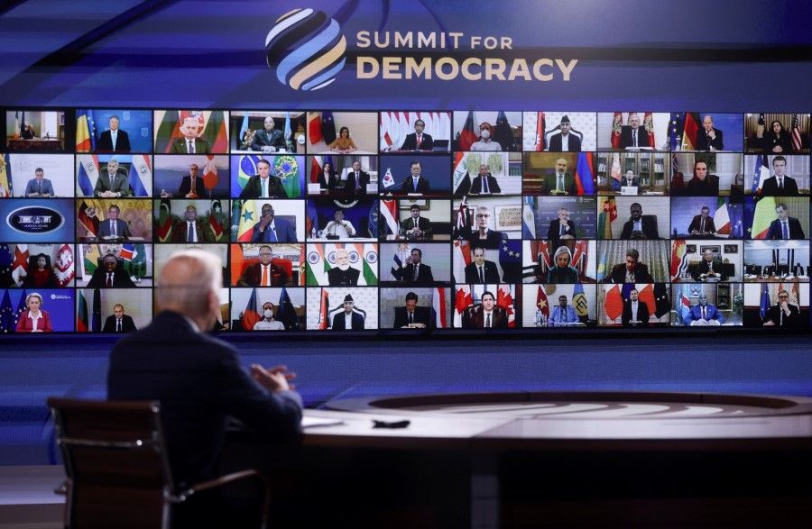 US President Joe Biden convenes a virtual summit with leaders from democratic nations at the State Department's Summit for Democracy, at the White House, in Washington, US, 9 December 2021. (Leah Millis/Reuters)