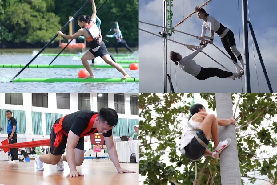 A collage showcasing China’s traditional ethnic sports: single-bamboo drifting (top left), swinging (top right), Yajia (bottom left), and coconut-tree climbing (bottom right).