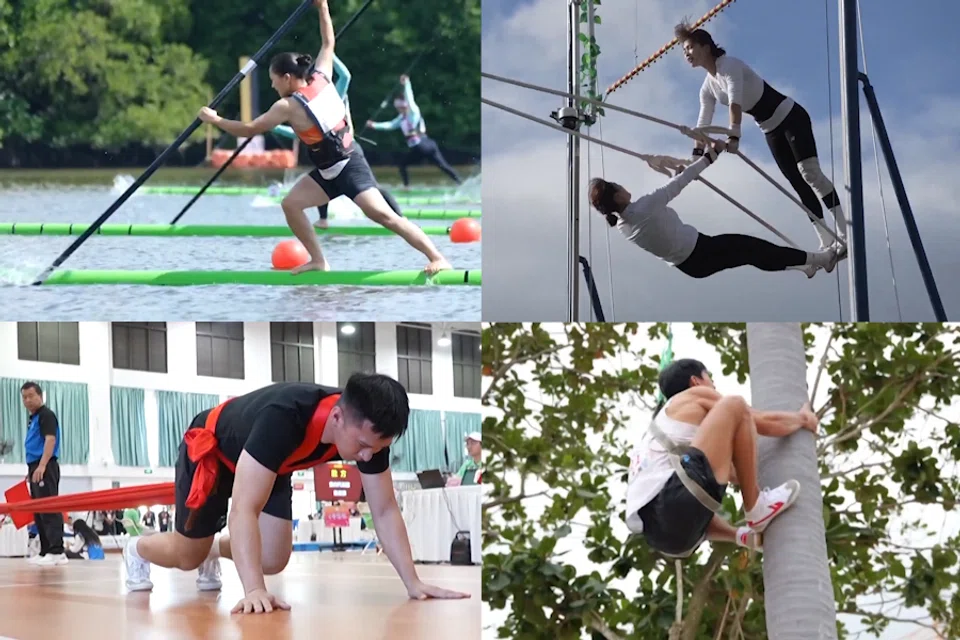 A collage showcasing China’s traditional ethnic sports: single-bamboo drifting (top left), swinging (top right), Yajia (bottom left), and coconut-tree climbing (bottom right). (Screen grab from CCTV+)