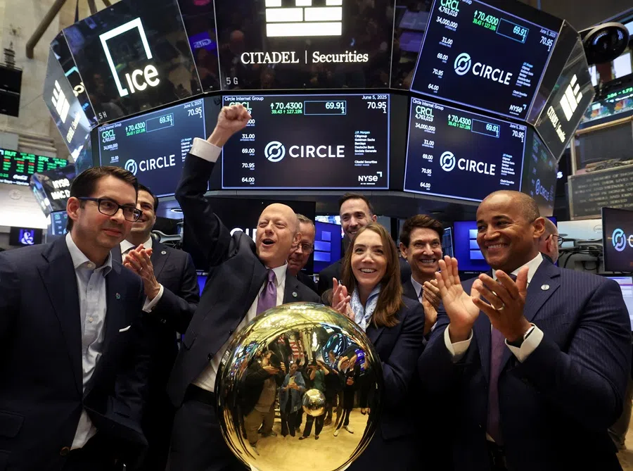 Jeremy Allaire, CEO and co-founder of Circle Internet Group, the issuer of one of the world’s biggest stablecoins, reacts to the price of first trade, on the day of the company’s IPO, at the New York Stock Exchange (NYSE), in New York City, US, on 5 June 2025. (Brendan McDermid/Reuters)
