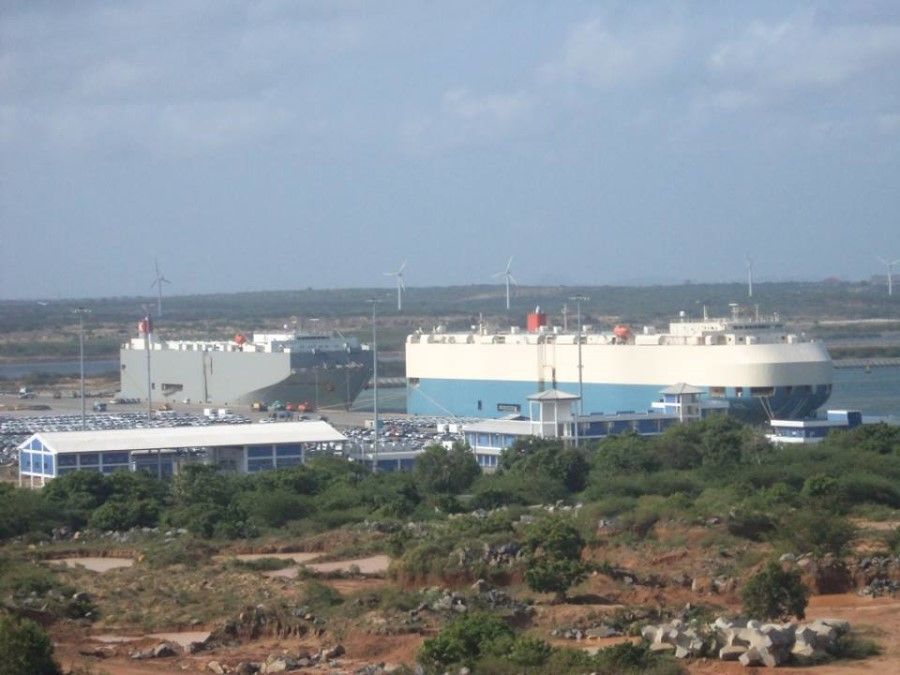 Two ships docked at Hambantota port, 2013. (Wikimedia)