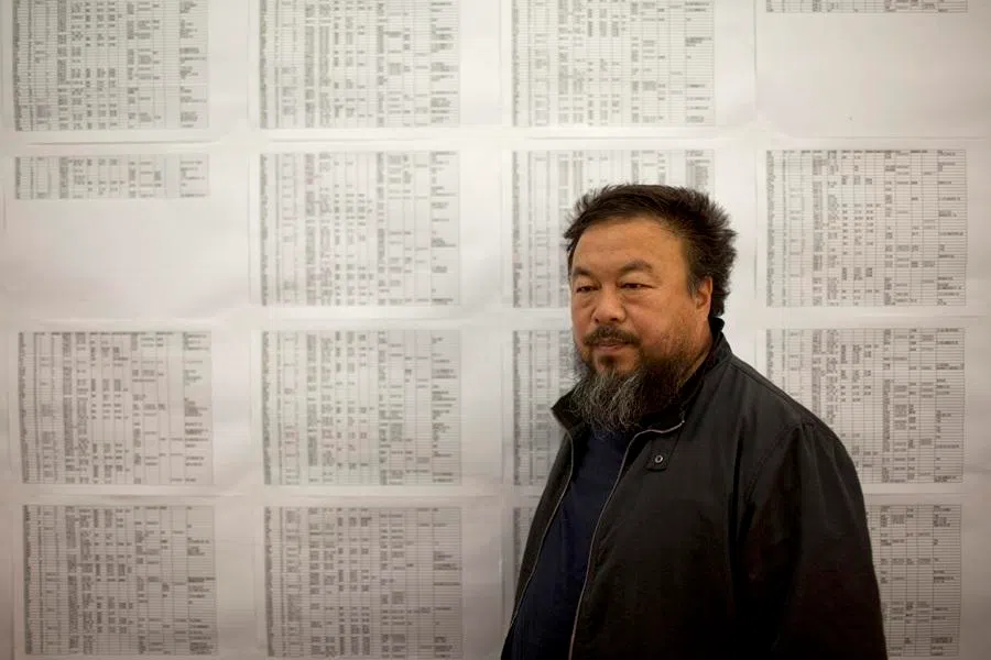Artist Ai Weiwei poses for a portrait in front of his compiled list of students killed in the 2008 Sichuan earthquake, in his studio in Beijing, China, on 6 May 2009.