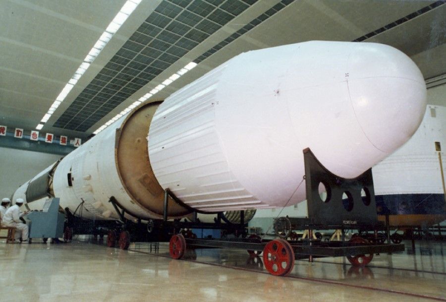 Large-scale carrier rockets are assembled in Shanghai in preparation to launch satellites, making it one of China's key aerospace bases, circa 2000s.