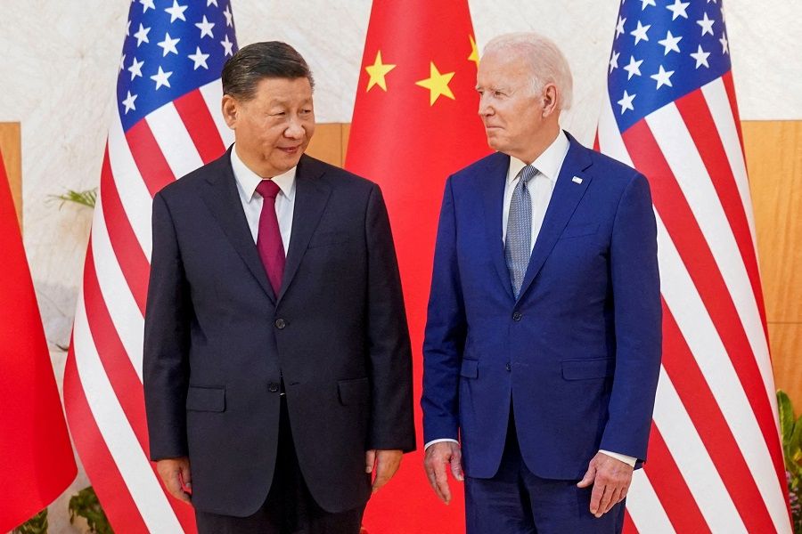 US President Joe Biden meets with Chinese President Xi Jinping on the sidelines of the G20 Leaders' Summit in Bali, Indonesia, on 14 November 2022. (Kevin Lamarque/Reuters)