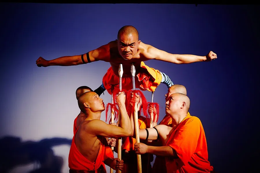 Handout image of Shaolin monks performing on stage. Commercial activities like overseas performances by Shaolin Temple’s Kungfu monks can reportedly rake in US$500,000 per show. (Marina Bay Sands)