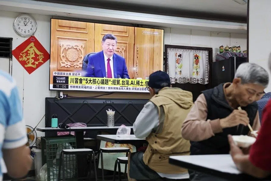 A television news programme at a restaurant in Taipei on 14 May 2026 shows China's President Xi Jinping speaking as he meets with US President Donald Trump in Beijing. (I-Hwa Cheng/AFP)