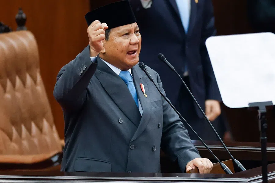 Indonesian President Prabowo Subianto delivers his annual State of the Nation Address, ahead of the country's Independence Day in Jakarta on 15 August 2025. (Ajeng Dinar Ulfiana/Reuters)