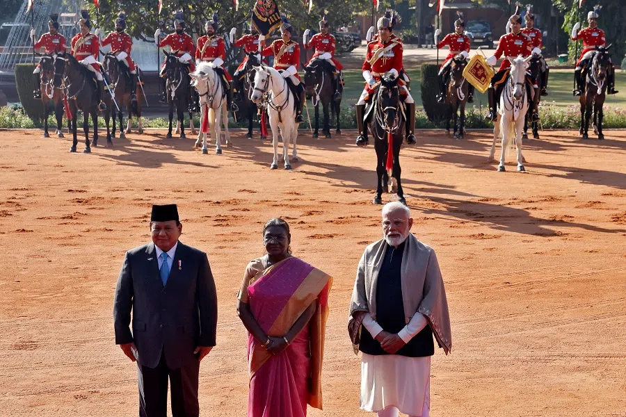 Indonesian President Prabowo Subianto, India’s President Droupadi Murmu and Prime Minister Narendra Modi pose for a photo during the ceremonial reception of Subianto at the Rashtrapati Bhavan in New Delhi, India, on 25 January 2025. (Altaf Hussain/Reuters)