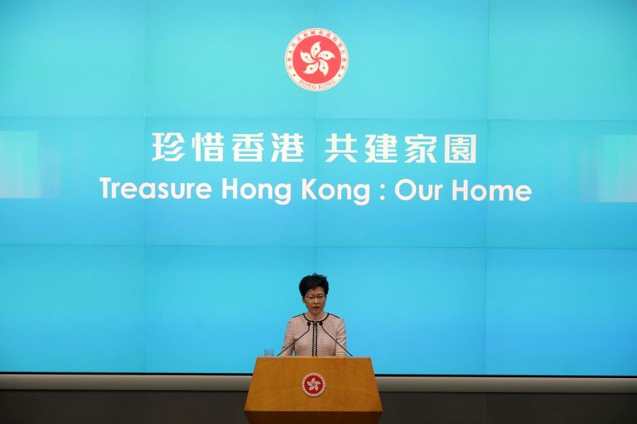 Hong Kong's Chief Executive Carrie Lam delivering the 2019 policy address. (Paul Yeung/Bloomberg)