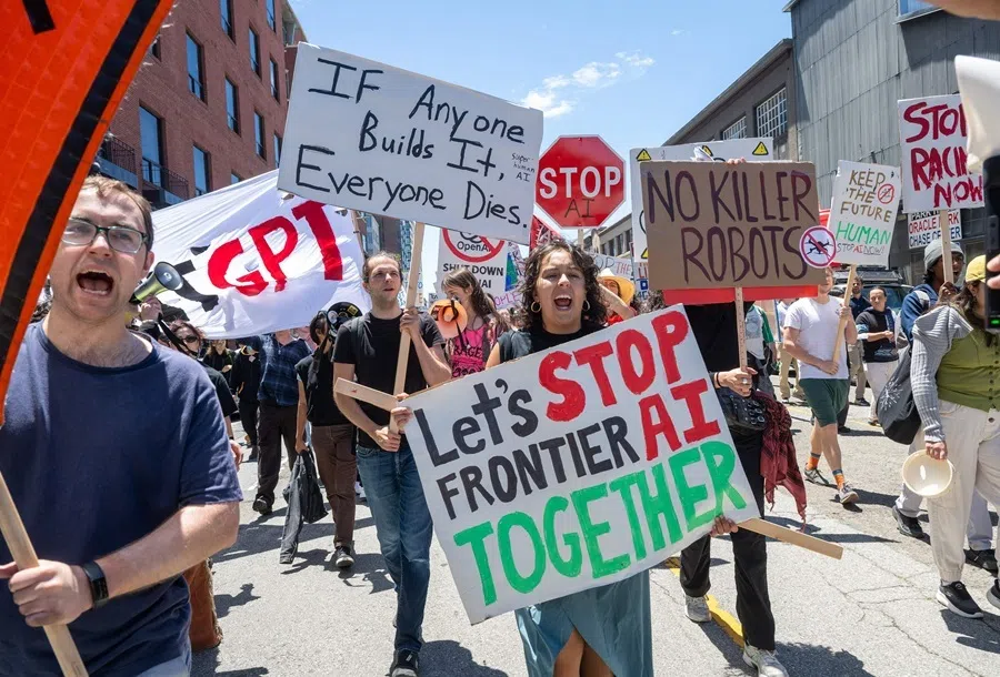 Demonstrators participate in the "Stop the AI Race" protest march in San Francisco, California, on 11 July 2026.