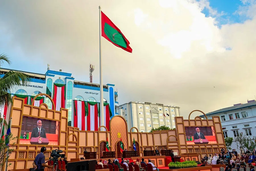 Maldivian President Mohamed Muizzu speaks during his inauguration ceremony in Male on 17 November 2023. (Ishara S. Kodikara/AFP)