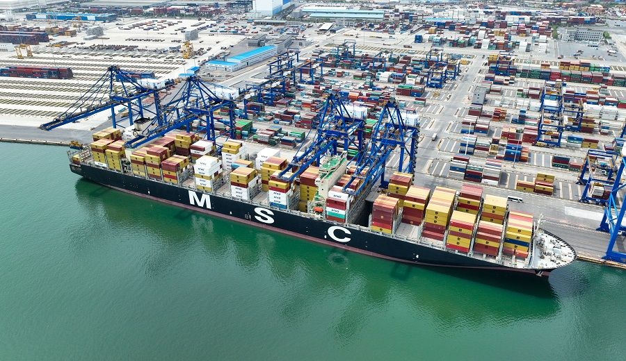 An aerial shot showing cargo container ship MSC Katie docking at the port in Dalian, Liaoning province, China, on 8 May 2023. (CNS)