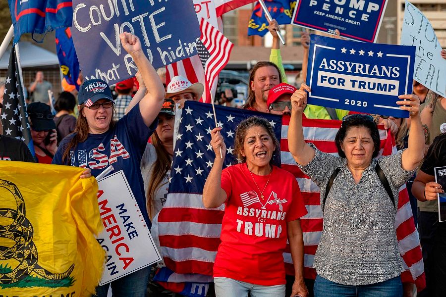 Supporters of US President Donald Trump gather to protest outside the Maricopa County Election Department as counting continues after the US presidential election in Phoenix, Arizona, on 5 November 2020. (Olivier Touron/AFP)