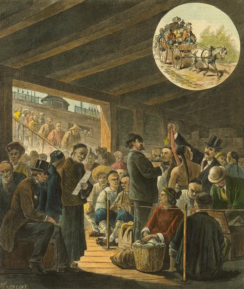 A coloured wood engraving published in the American magazine Harper’s Weekly on 3 February 1877, showing Chinese immigrants in the customs hall in San Francisco. As soon as Chinese immigrants pursuing their “dream of gold” set foot on American soil, they were subjected to quarantine and inspection. In the image, American customs officials are searching the luggage of newly arrived immigrants.