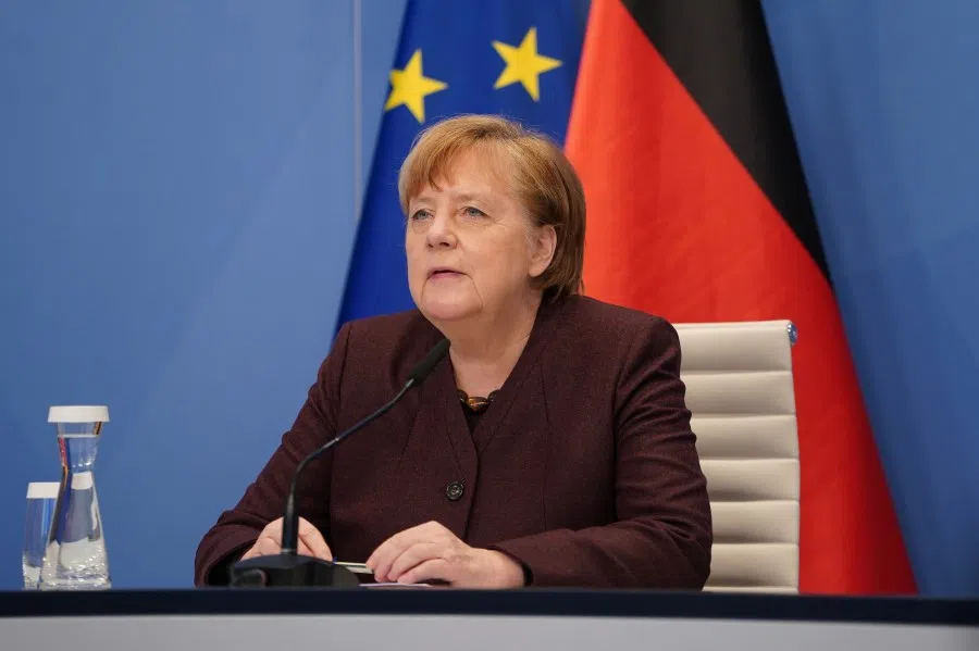 German Chancellor Angela Merkel prepares to speak in a virtual dialogue meeting of the World Economic Forum (WEF) at Davos, from the Chancellery in Berlin, Germany, 26 January 2021. (Sean Gallup/Pool via Reuters)