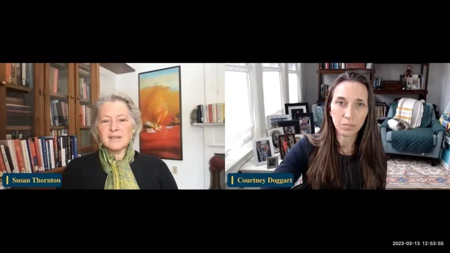 A screen grab from the video of the discussion featuring Susan Thornton (left). (Internet)