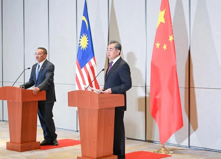 China's State Councilor and Foreign Minister Wang Yi held talks and a press availability with Malaysian Foreign Minister Hishammuddin Hussein in Fujian, 1 April 2021. (Wang Wenbin 汪文斌/Facebook)