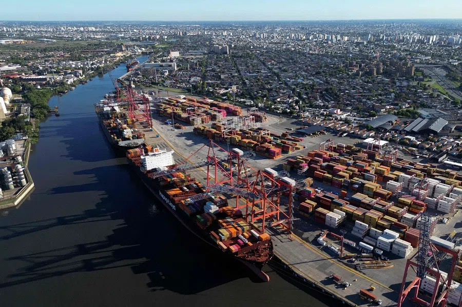 Aerial view of a ship at Dock Sud Port in Avellaneda, Buenos Aires province, Argentina, taken on 7 February 2025. (Luis Robayo/AFP)