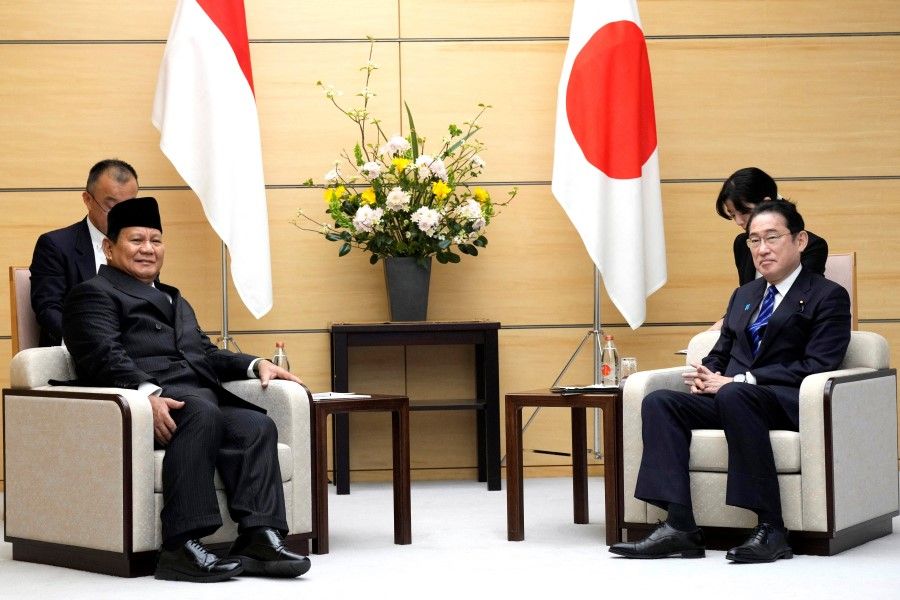 Indonesian president-elect and current Defence Minister Prabowo Subianto (left) and Japan's Prime Minister Fumio Kishida (right) meet at the prime minister's office, on 3 April 2024, in Tokyo, Japan. (Eugene Hoshiko/Pool via Reuters)
