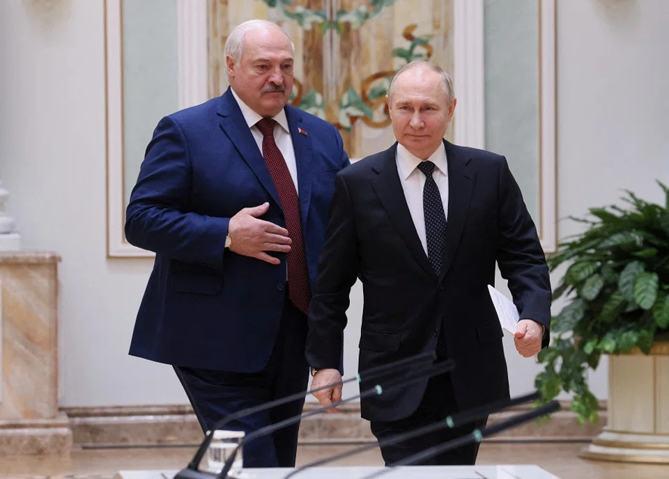 Russian President Vladimir Putin and his Belarusian counterpart Alexander Lukashenko attend a press briefing following their talks in Minsk, Belarus, on 24 May 2024. (Sputnik/Mikhail Metzel/Pool via Reuters)