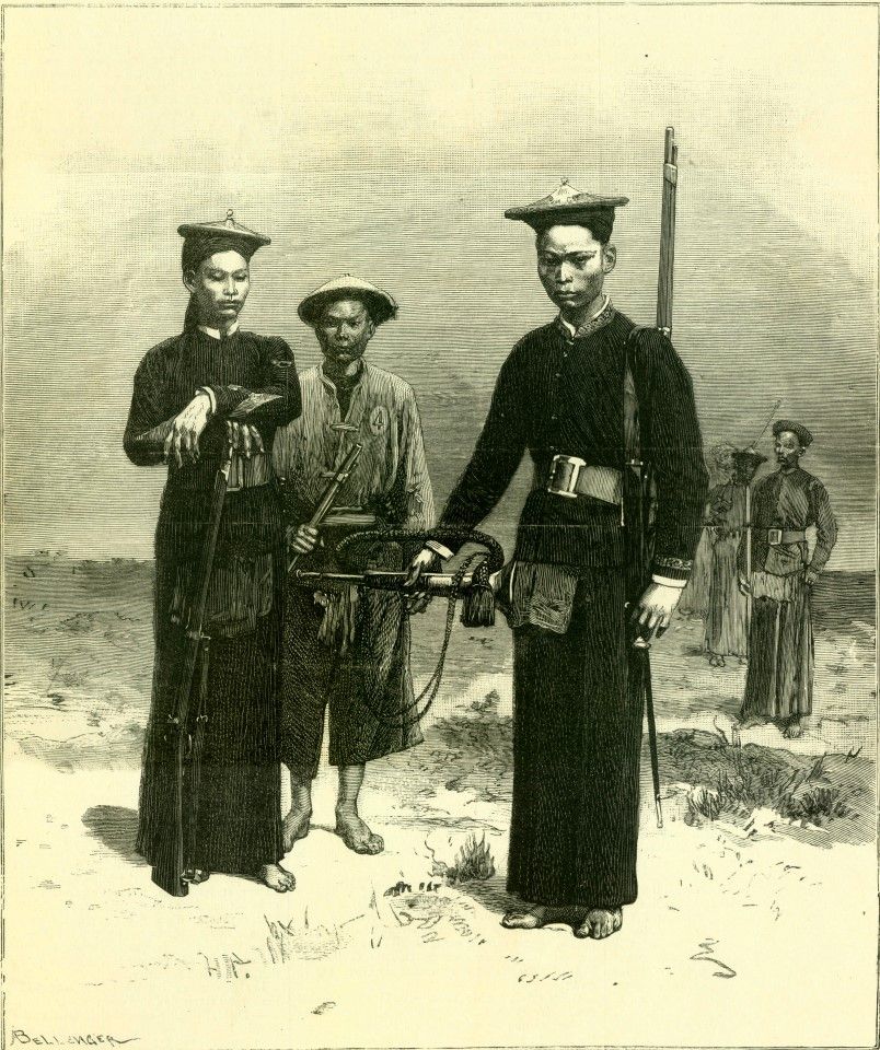 A picture in French publication L'Illustration, 1884, showing North Vietnamese mercenaries recruited by the French army. These mercenaries helped the French army to fight and were useful during the initial fighting with their knowledge of local terrain, which was one of the main reasons why the French army was able to quickly advance.