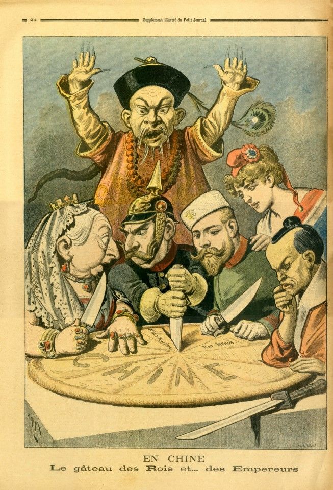 A colour supplement of Le Petit Journal from 1900 shows the Boxer Rebellion, having no qualms in depicting the Chinese as monsters and reflecting the ambitions of the various powers in carving up China. British Queen Elizabeth, German leader Otto von Bismarck, and Russian tsar Nicholas II are clearly seen. The image was widely reproduced, and the original is highly valuable.