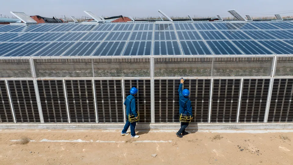 A solar-powered facility with a smart irrigation monitoring system in Ningxia, China, on 11 April 2025. (Xinhua)