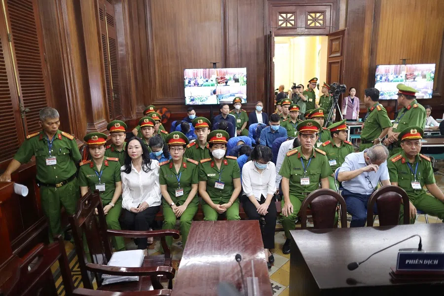 Vietnamese property tycoon Truong My Lan (front row, third from left) looks on at a court in Ho Chi Minh city on 11 April 2024.  (AFP)